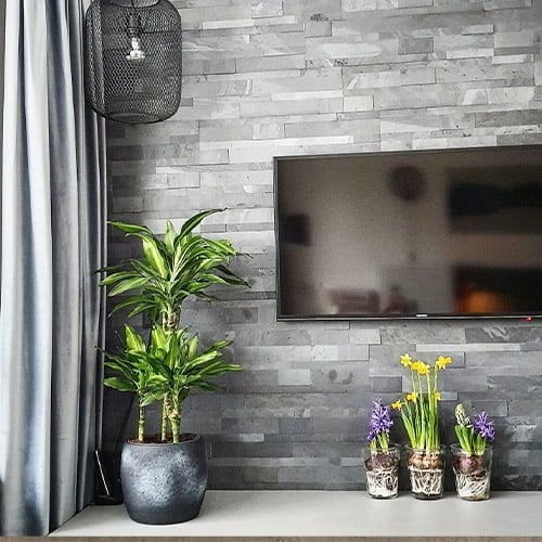 Een grijze steenstrips muur met flatscreen-tv zwarte en hanglamp met groene planten in een kamer met een grijs gordijn