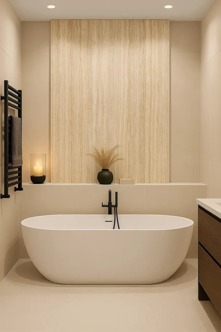 Moderne badkamer met travertin marmer wandbekleding, beige natuursteen, vrijstaand bad en natuurlijke warme uitstraling.