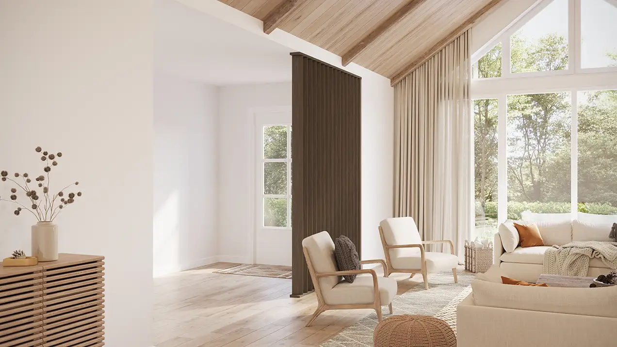 donker gerookte roomdivider in woonkamer met lichte uitstaling en grote ramen