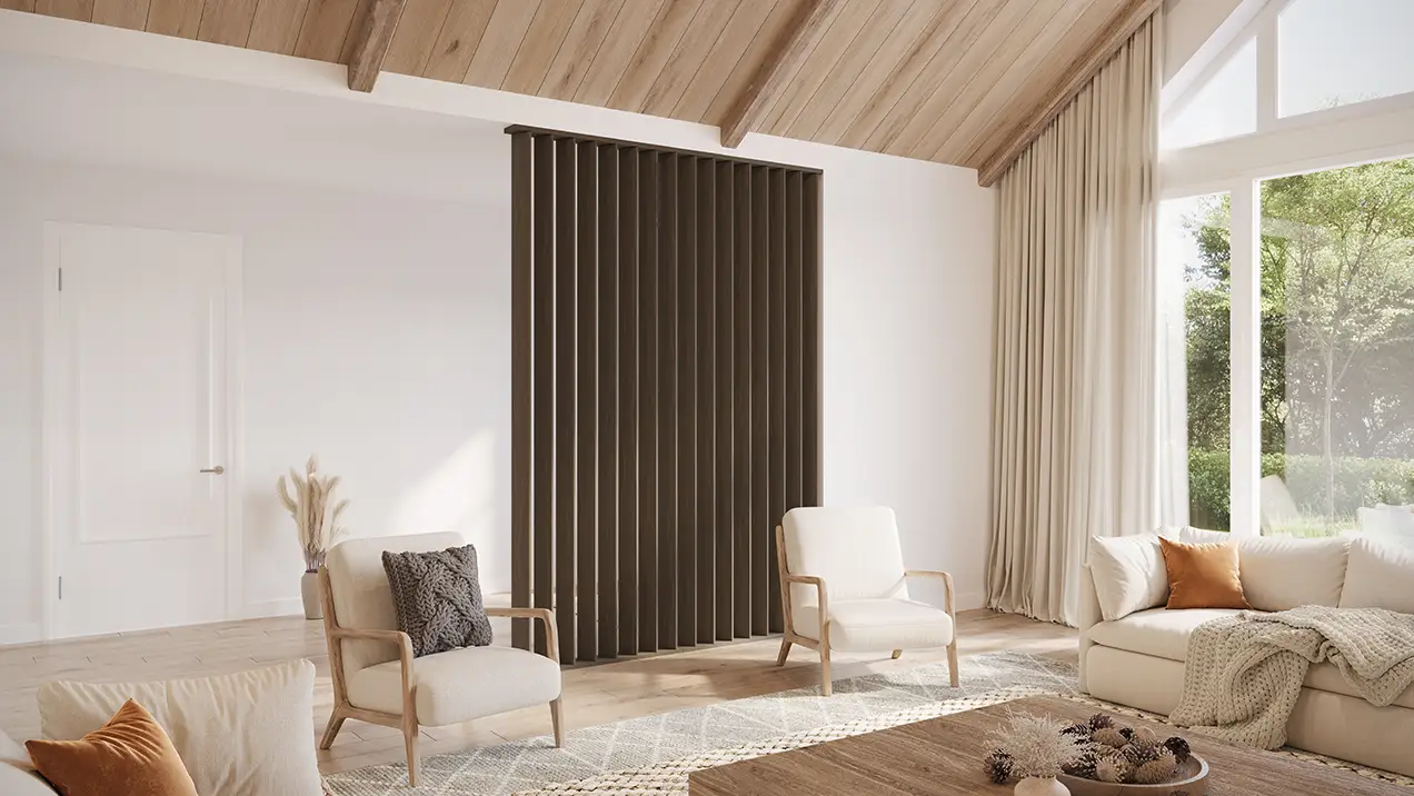 Roomdivider Houten Latten Draaibaar Mat Donker Gerookt Eiken tweede afbeelding