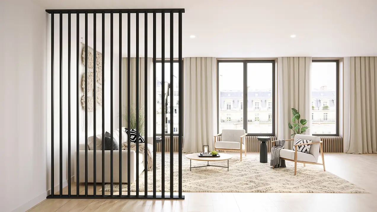 roomdivider mat zwart woonkamer voorkant
