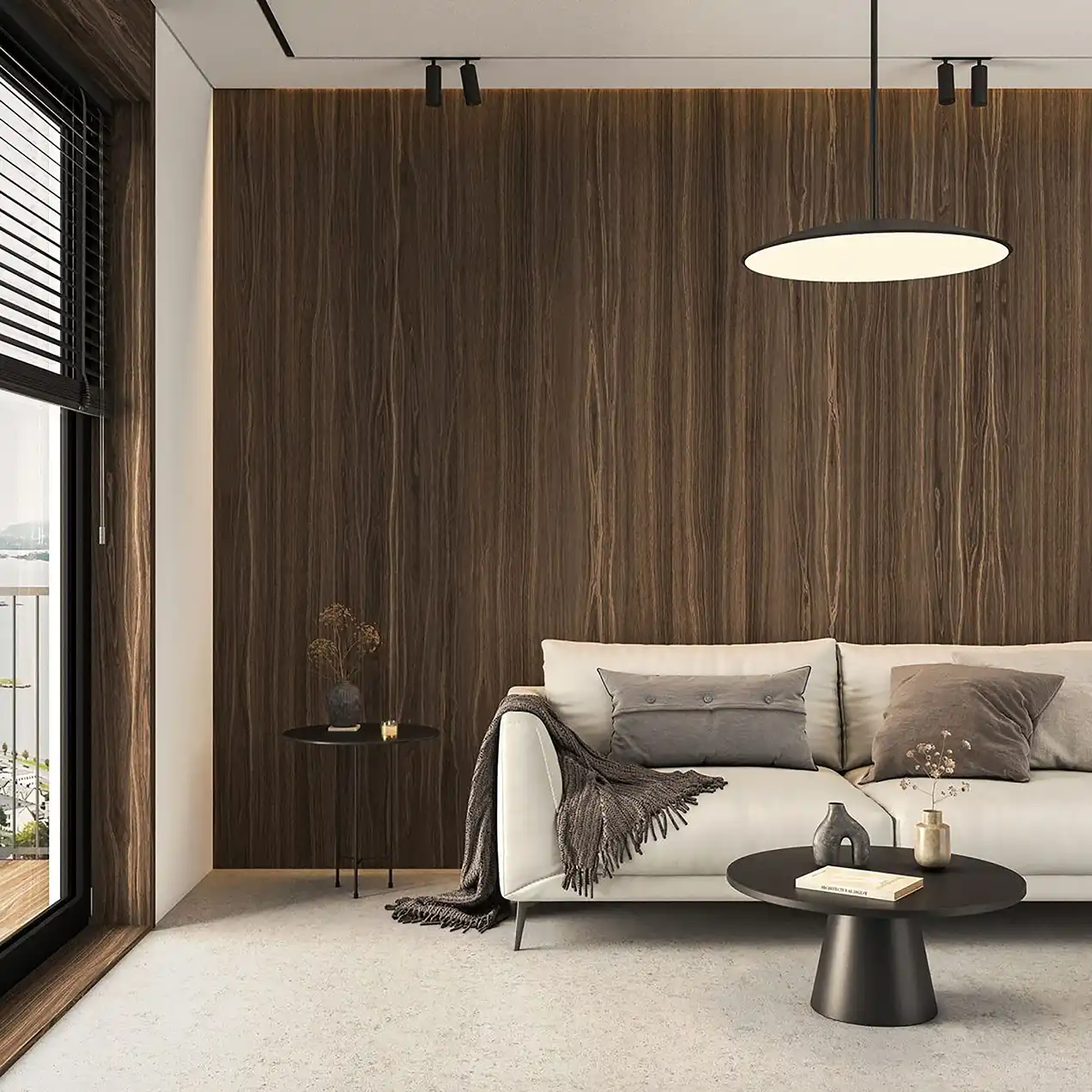 Woonkamer met donker gerookt eiken Click Wall wandpanelen