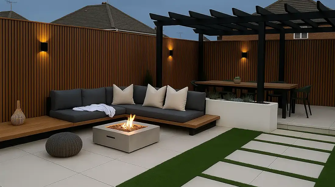 Composiet schutting bruin in moderne tuin met vuurtafel Composiet schutting bruin in moderne tuin met vuurtafel