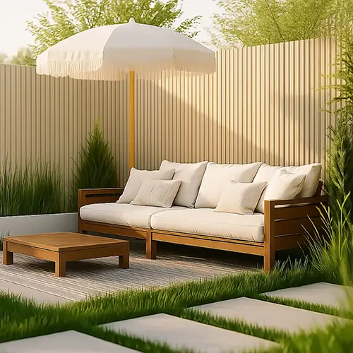 Licht beige composiet schutting in tuin