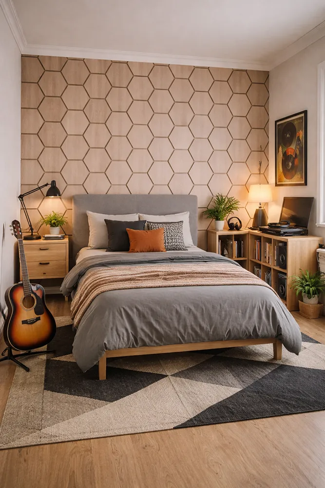 Akoestisch Paneel Hexagon Hout Japandi Licht Eiken Beige met Bruin Vilt tweede afbeelding