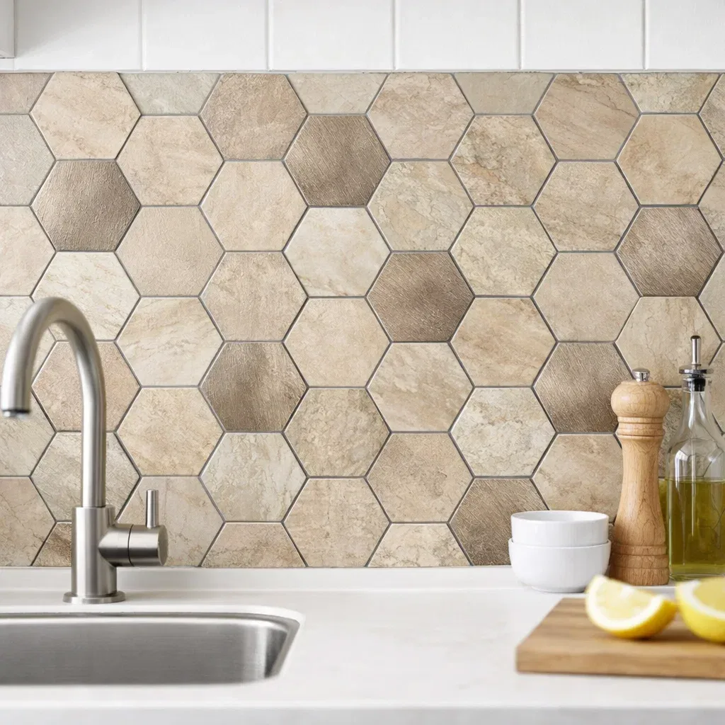 Zelfklevende Mozaïek Steenstrip Hexagon Japandi Beige Large tweede afbeelding