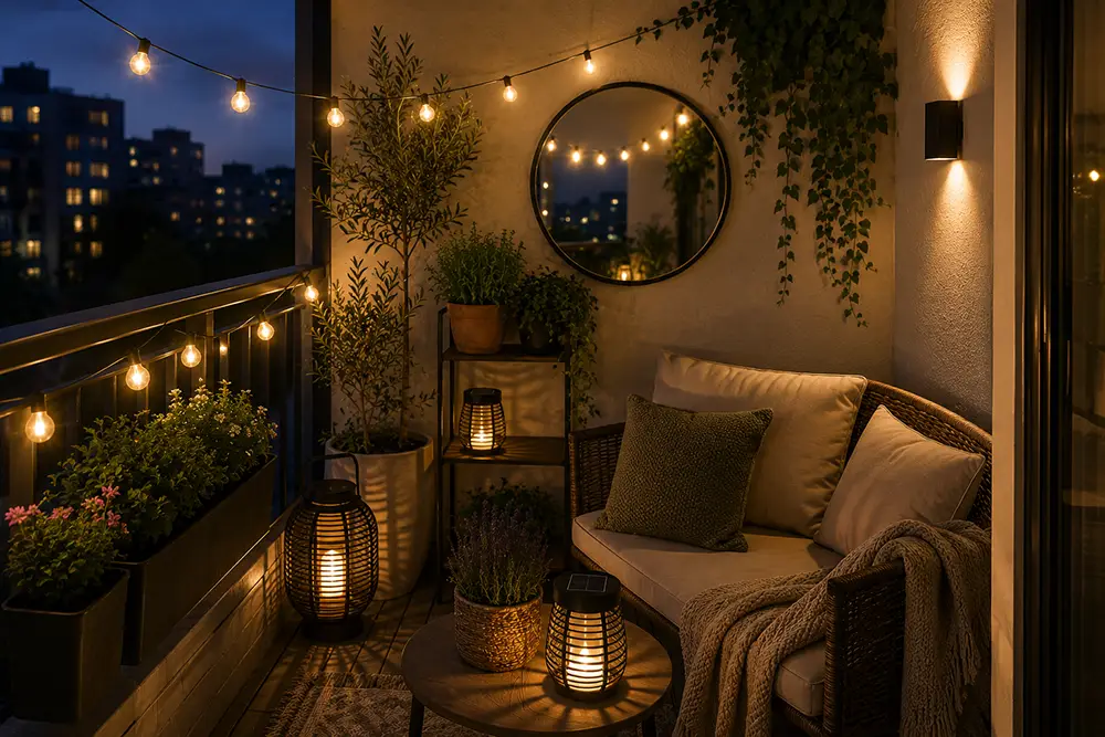 Verlichting op een klein balkon