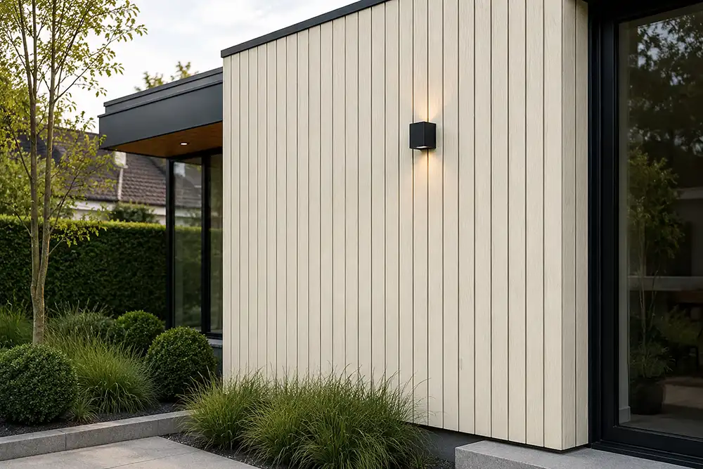 Licht beige composiet gevelbekleding met houtlook