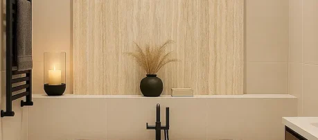 Moderne badkamer met travertin marmer wandbekleding, beige natuursteen, vrijstaand bad en natuurlijke warme uitstraling.