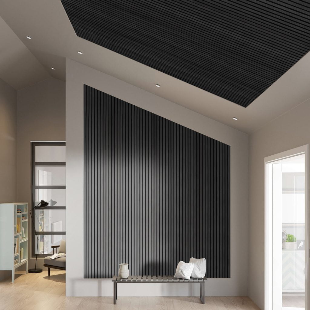 Akoestische Panelen Hout Eiken Zwart met Zwart Vilt – 240cm x 60cm - wand en plafond - ISODECO